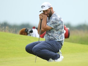 Jon Rahm reacts after missing a putt on the 17th green during the Scottish Open at The Renaissance Club on July 10, 2021 in North Berwick, Scotland.