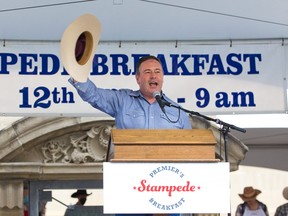 Alberta Premier Jason Kenney speaks at the annual Premier’s Stampede Breakfast in downtown Calgary on Monday, July 12, 2021.