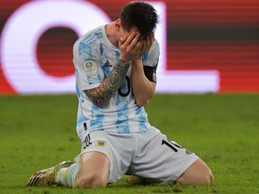 Argentina's Lionel Messi celebrates after winning the Conmebol 2021 Copa at Maracana Stadium in Rio de Janeiro, Brazil, on July 10, 2021.