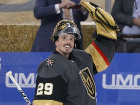 Marc-Andre Fleury of the Vegas Golden Knights celebrates at T-Mobile Arena on June 10, 2021 in Las Vegas.