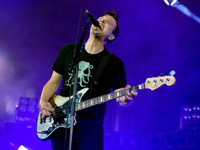 Mark Hoppus of Blink-182 performs onstage at KROQ Weenie Roast 2016 at Irvine Meadows Amphitheatre on May 14, 2016 in Irvine, California.