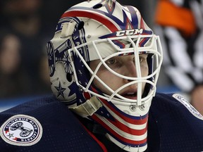 Matiss Kivlenieks of the Columbus Blue Jackets tends net in his first NHL game against the New York Rangers at Madison Square Garden on January 19, 2020 in New York.