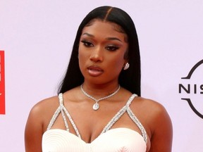 Megan Thee Stallion poses for photos at the 2021 “BET AWARDS” red carpet held at the Microsoft Theater in Los Angeles, June 27, 2021.
