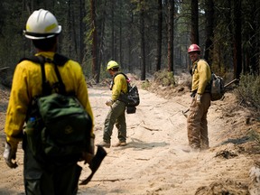 Firefighters mop up of hotspots in northwestern section of the Bootleg Fire in Oregon as it expands to over 210,000 acres, Klamath Falls, Oregon, U.S., July 14, 2021. REUTERS/Mathieu Lewis-Rolland ORG XMIT: GGGMAT01
