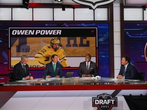 With the first pick in the 2021 NHL Entry Draft, the Buffalo Sabres select Owen Power during the first round of the 2021 NHL Entry Draft at the NHL Network studios on July 23, 2021 in Secaucus, N.J.