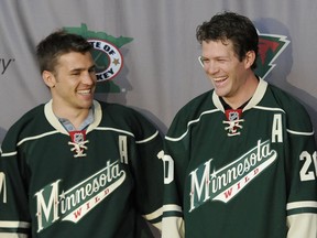 Zach Parise and Ryan Suter of the Minnesota Wild are introduced during a press conference on July 9, 2012 at Xcel Energy Center in St Paul, Minnesota.