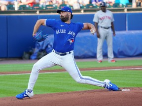 Blue Jays sarting pitcher Robbie Ray delivers during the first inning against the Boston Red Sox at Sahlen Field on July 21, 2021 in Buffalo.