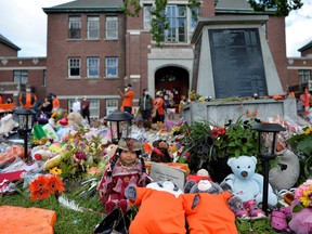 A memorial on the grounds of the former Kamloops Indian Residential School is seen in Kamloops, B.C., June 5, 2021.
