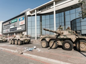 A group of South African National Defence Force (SANDF) Rooikats are seen during President Cyril Ramaphosa's visit to the Kwamashu Bridge City on on July 16, 2021 in Durban.