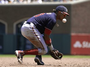 Third baseman Starlin Castro  of the Washington Nationals watches the ball bounce off his chest for an error against the San Francisco Giants at Oracle Park on July 10, 2021 in San Francisco.