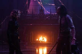 Sylvie (Sophia Di Martino) and Tom Hiddleston (Loki) in a scene from the season finale of Loki.