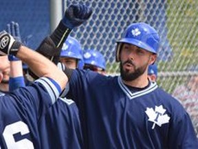Jonathan Solazzo hit a home run as the Maple Leafs romped over the Hamilton Cardinals at Dominico Field in Toronto.