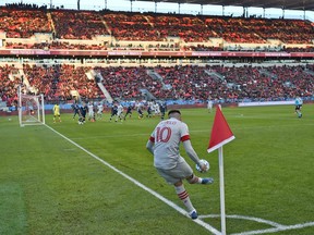 Toronto FC forward Alejandro Pozuela  takes a corner kick during a game against New York City at BMO Field on March 7, 2020. The game was the most recent to be played in front of fans at the venue, although Toronto FC plans to play there in front of supporters on July 17, 2021.