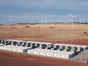 This screen grab from an undated handout video from a drone received by AFP on December 1, 2017 from French energy firm Neoen shows the Tesla 100 MW/129 MWh Powerpack system by billionaire entrepreneur Elon Musk in the rural town of Jamestown, 200 km north of Adelaide.