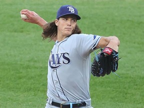Starting pitcher Tyler Glasnow of the Tampa Bay Rays delivers the ball against the Chicago White Sox at Guaranteed Rate Field on June 14, 2021 in Chicago.