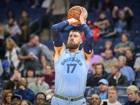 Memphis Grizzlies center Jonas Valanciunas makes a three point shot against the Brooklyn Nets during the first quarter at the FedExForum.