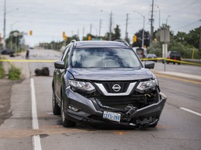 Peel Regional Police investigate a three-vehicle crash at Hurontario St. and Sandalwood Pkwy. in Brampton, Ont, that left one dead on Saturday, July 3, 2021.