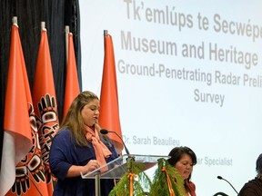 GPR specialist Dr. Sarah Beaulieu presents the findings on 215 unmarked graves discovered at Kamloops Indian Residential School in Kamloops, British Columbia, Canada, July 15, 2021.