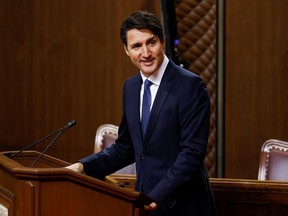 Canada's Prime Minister Justin Trudeau speaks during a ceremony swearing-in Mary Simon as the first indigenous Governor General of Canada, in the Senate chamber in Ottawa, Ontario, Canada July 26, 2021.