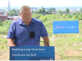 Premier Doug Ford speaks to media in North Bay on July 5, 2021.