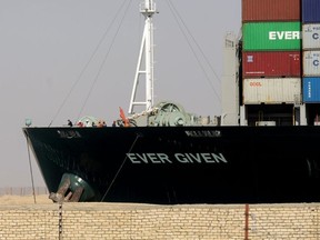 Ship Ever Given, one of the world's largest container ships, is seen after it was fully floated in Suez Canal, Egypt March 29, 2021.