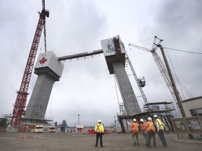 It's been more than 1,000 days since the Gordie Howe International Bridge project started. Workers are shown at the site on Thursday, July 8, 2021.