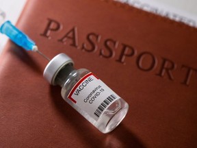 A syringe and a vial labelled "coronavirus disease (COVID-19) vaccine" are placed on a passport in this illustration taken April 27, 2021.