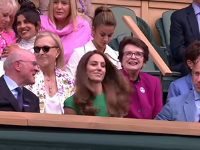 Kate Middleton and Prince William seated in Royal Box at Wimbledon with Priyanka Chopra a couple of rows behind them.