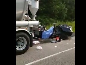 The damage to a vehicle that struck a tractor trailer parked on the shoulder of the ramp to the Newcastle ONroute on Monday, July 19, 2021. Two adults were killed and a child was injured.
