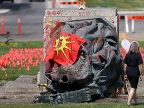 A statue of Queen Victoria at The Manitoba Legislature that was toppled on Canada Day and later had its head removed is seen here on Friday, July 02, 2/2021.