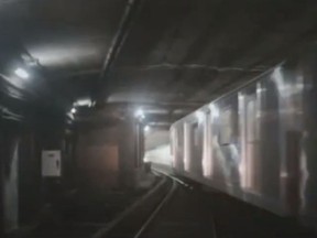 The view from TTC subway train 123 as it stops less than a metre from colliding with a northbound train just south of Osgoode Station in June 2020.