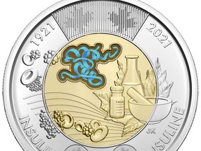 The Royal Canadian Mint's coloured version of the $2 circulation coin celebrating the 100th anniversary of the discovery of insulin (CNW Group/Royal Canadian Mint)