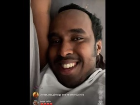 Toronto rapper Hassan Ali during an Instagram live chat with fans on Tuesday, July 27.

Ali is the subject of a Canada-wide warrant, facing first-degree murder charges in connection with a January shooting death