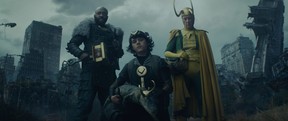 Boastful Loki (DeObia Oparei), Kid Loki (Jack Veal), Alligator Loki and Classic Loki (Richard E. Grant) in Marvel’s Loki.