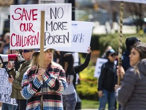 A protestor holds a sign at a COVID-19 lockdown protest at Queen's Park in Toronto, Ont. on Saturday April 25, 2020.