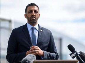 Calgary City Councillor George Chahal speaks at a press conference on Friday, June 25, 2021.