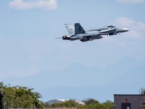 Royal Canadian Air Force CF-18 departs from Boundary Bay Airport, in Delta, B.C., on Sunday, July 18, 2021.