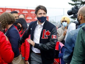 Prime Minister Justin Trudeau is pictured at a rally with candidate George Chahal at the Whitehorn Community Centre in Calgary on Thursday, Aug. 19, 2021.