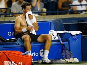 Canadian Vasek Pospisil takes a break during his match against American Tommy Paul on Monday at Aviva Centre in Toronto.