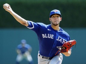 Jose Berrios of the Toronto Blue Jays pitches against the Detroit Tigers during the second inning at Comerica Park on August 29, 2021, in Detroit, Michigan.