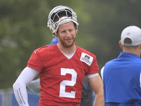 Carson Wentz of the Indianapolis Colts on the field during the Indianapolis Colts Training Camp at Grand Park on July 29, 2021 in Westfield, Indiana.