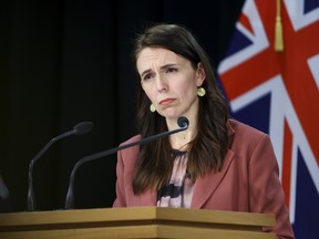 Prime Minister Jacinda Ardern looks on during a press conference at Parliament on August 17, 2021 in Wellington, New Zealand. Auckland and Coromandel will go into level-4 lockdown for seven days - and the rest of the country for three days - after a positive COVID-19 case was confirmed in the community in Auckland.