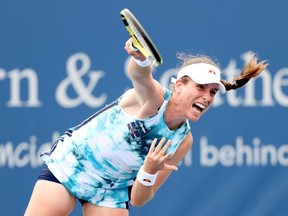 Johanna Konta of Great Britain serves to Karolina Muchova of Czech Republic during the Western & Southern Open at Lindner Family Tennis Center on August 17, 2021 in Mason, Ohio.