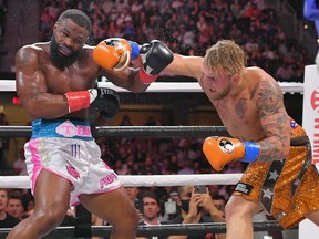 Jake Paul fights Tyron Woodley in their cruiserweight bout during a Showtime pay-per-view event at Rocket Morgage Fieldhouse on August 29, 2021 in Cleveland, Ohio.