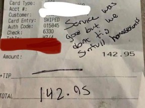 The receipt left to a Gay waiter by a bigoted couple in Wisconsin