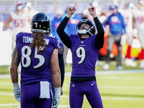 Baltimore Ravens kicker Justin Tucker celebrates a field goal last season.