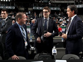 (L-R) John Lilley, Kyle Dubas and Brendan Shanahan of the Toronto Maple Leafs. Lilly is leaving the Leafs to take a job with the Rangers.