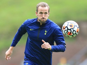 Tottenham Hotspur's English striker Harry Kane warms up ahead of the English Premier League football match between Wolverhampton Wanderers and Tottenham Hotspur at the Molineux stadium in Wolverhampton, central England, on August 22, 2021.