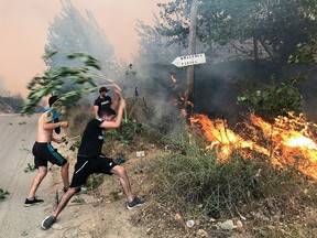 People attempt to put out a fire in the mountainous Tizi Ouzou province, east of Algiers, Algeria August 10, 2021.