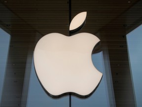 The Apple logo is seen at an Apple Store in Brooklyn, New York, October 23, 2020.